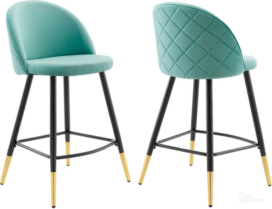 The appearance of Cordial Performance Velvet Counter Stools - Set Of 2 EEI-4529-MIN designed by Modway in the modern / contemporary interior design. This mint piece of furniture  was selected by 1StopBedrooms from Cordial Collection to add a touch of cosiness and style into your home. Sku: EEI-4529-MIN. Product Type: Barstool. Material: Plywood. Image1