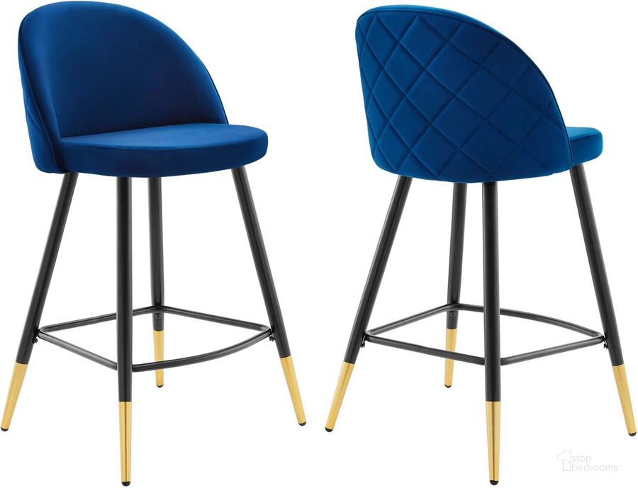 The appearance of Cordial Performance Velvet Counter Stools - Set Of 2 EEI-4529-NAV designed by Modway in the modern / contemporary interior design. This navy piece of furniture  was selected by 1StopBedrooms from Cordial Collection to add a touch of cosiness and style into your home. Sku: EEI-4529-NAV. Product Type: Barstool. Material: Plywood. Image1