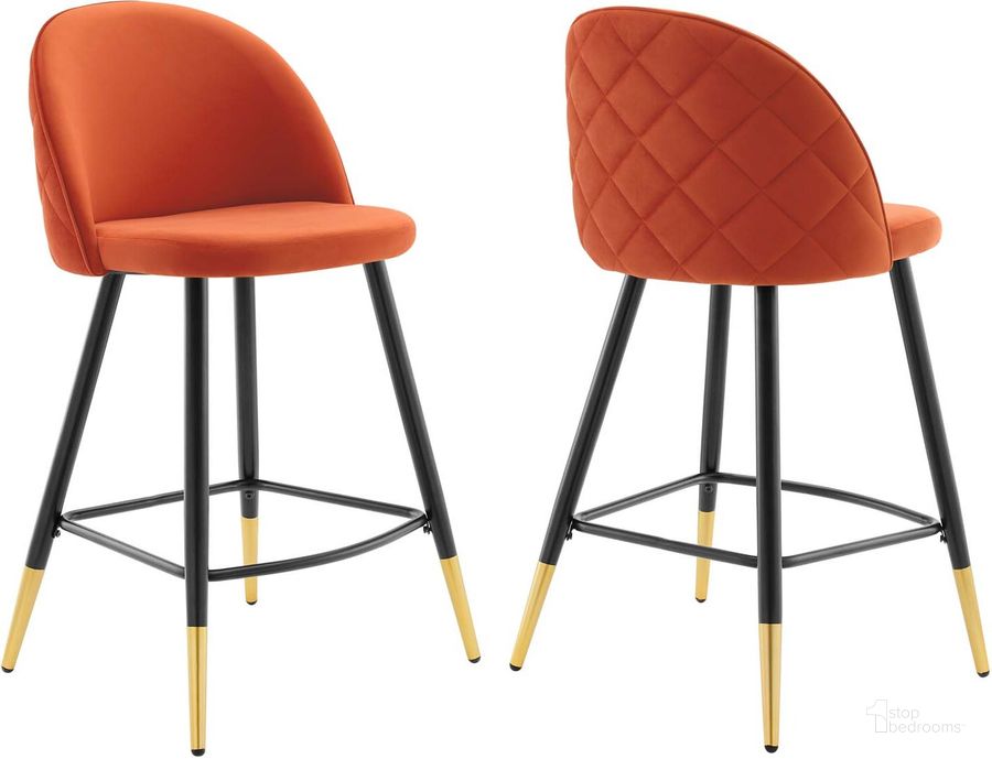 The appearance of Cordial Performance Velvet Counter Stools - Set Of 2 EEI-4529-ORA designed by Modway in the modern / contemporary interior design. This orange piece of furniture  was selected by 1StopBedrooms from Cordial Collection to add a touch of cosiness and style into your home. Sku: EEI-4529-ORA. Product Type: Barstool. Material: Plywood. Image1