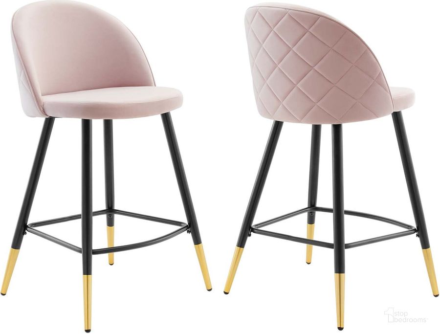 The appearance of Cordial Performance Velvet Counter Stools - Set Of 2 EEI-4529-PNK designed by Modway in the modern / contemporary interior design. This pink piece of furniture  was selected by 1StopBedrooms from Cordial Collection to add a touch of cosiness and style into your home. Sku: EEI-4529-PNK. Product Type: Barstool. Material: Plywood. Image1