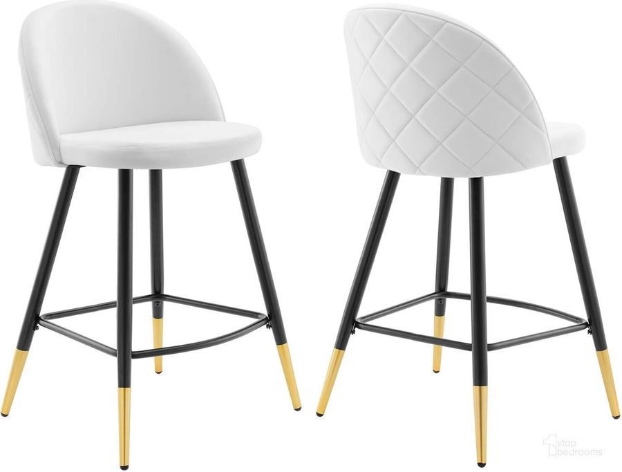 The appearance of Cordial Performance Velvet Counter Stools - Set Of 2 EEI-4529-WHI designed by Modway in the modern / contemporary interior design. This white piece of furniture  was selected by 1StopBedrooms from Cordial Collection to add a touch of cosiness and style into your home. Sku: EEI-4529-WHI. Product Type: Barstool. Material: Plywood. Image1