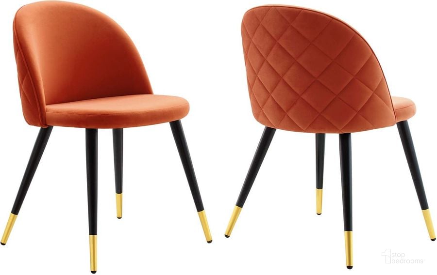 The appearance of Cordial Performance Velvet Dining Chairs - Set of 2 In Orange designed by Modway in the modern / contemporary interior design. This orange piece of furniture  was selected by 1StopBedrooms from Cordial Collection to add a touch of cosiness and style into your home. Sku: EEI-4525-ORA. Material: Polyester. Product Type: Dining Chair. Image1