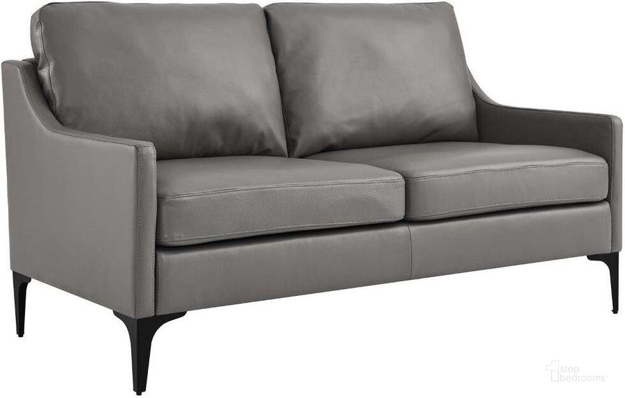 The appearance of Corland Gray Leather Loveseat designed by Modway in the modern / contemporary interior design. This gray piece of furniture  was selected by 1StopBedrooms from Corland Collection to add a touch of cosiness and style into your home. Sku: EEI-6020-GRY. Product Type: Leather Loveseat. Material: Plywood. Image1