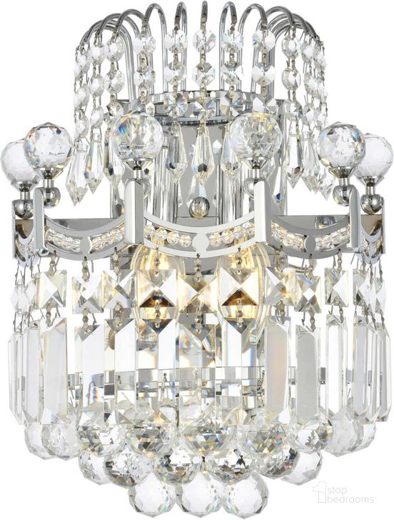 The appearance of Corona 12" Chrome 2 Light Wall Sconce With Clear Royal Cut Crystal Trim designed by Elegant Lighting in the modern / contemporary interior design. This chrome piece of furniture  was selected by 1StopBedrooms from Corona Collection to add a touch of cosiness and style into your home. Sku: V8949W12C/RC. Material: Steel. Product Type: Wall Sconce. Image1