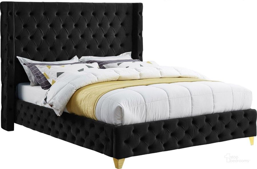 The appearance of Corsinette Black Velvet Queen Bed designed by Furnique in the modern / contemporary interior design. This black velvet piece of furniture  was selected by 1StopBedrooms from Corsinette Collection to add a touch of cosiness and style into your home. Sku: SavanBlack-Q-1;SavanBlack-Q-2. Product Type: Bed. Bed Size: Queen. Material: Velvet. Image1