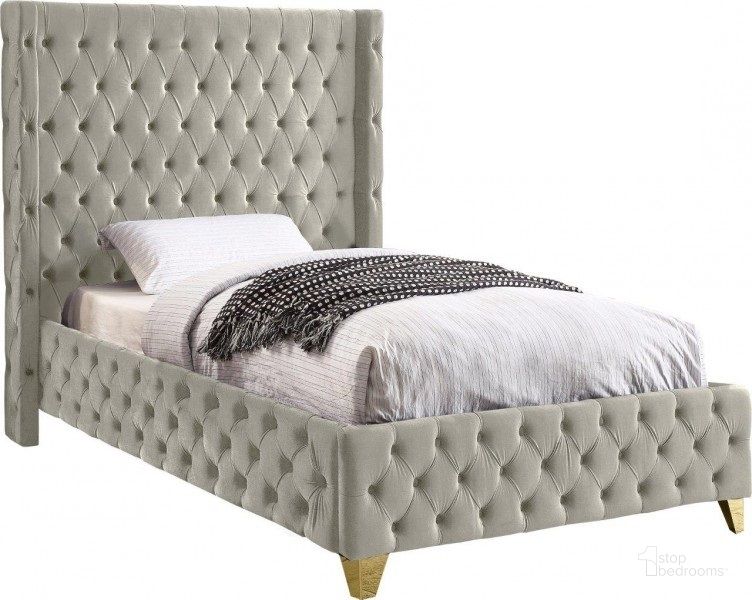 The appearance of Corsinette Cream Velvet Twin Bed designed by Furnique in the modern / contemporary interior design. This cream velvet piece of furniture  was selected by 1StopBedrooms from Corsinette Collection to add a touch of cosiness and style into your home. Sku: SavanCream-T-1;SavanCream-T-2. Product Type: Bed. Bed Size: Twin. Material: Velvet. Image1