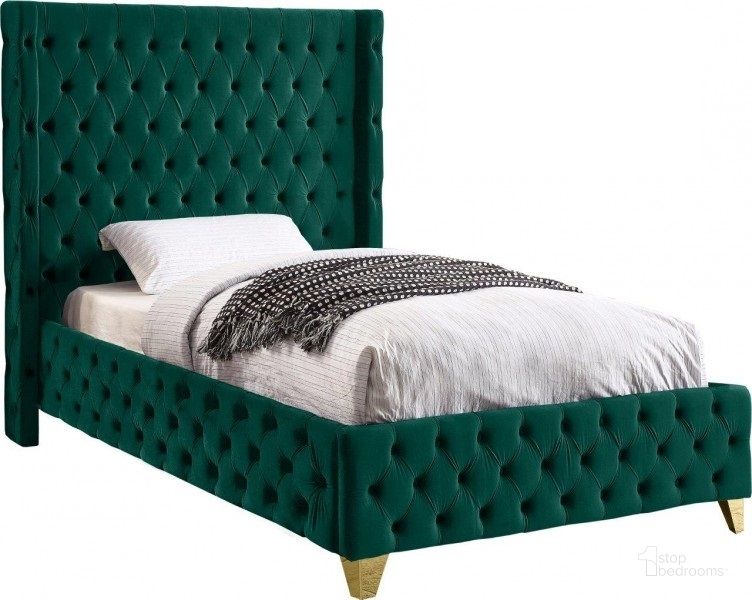 The appearance of Corsinette Green Velvet Twin Bed designed by Furnique in the modern / contemporary interior design. This green velvet piece of furniture  was selected by 1StopBedrooms from Corsinette Collection to add a touch of cosiness and style into your home. Sku: SavanGreen-T-1;SavanGreen-T-2. Product Type: Bed. Bed Size: Twin. Material: Velvet. Image1