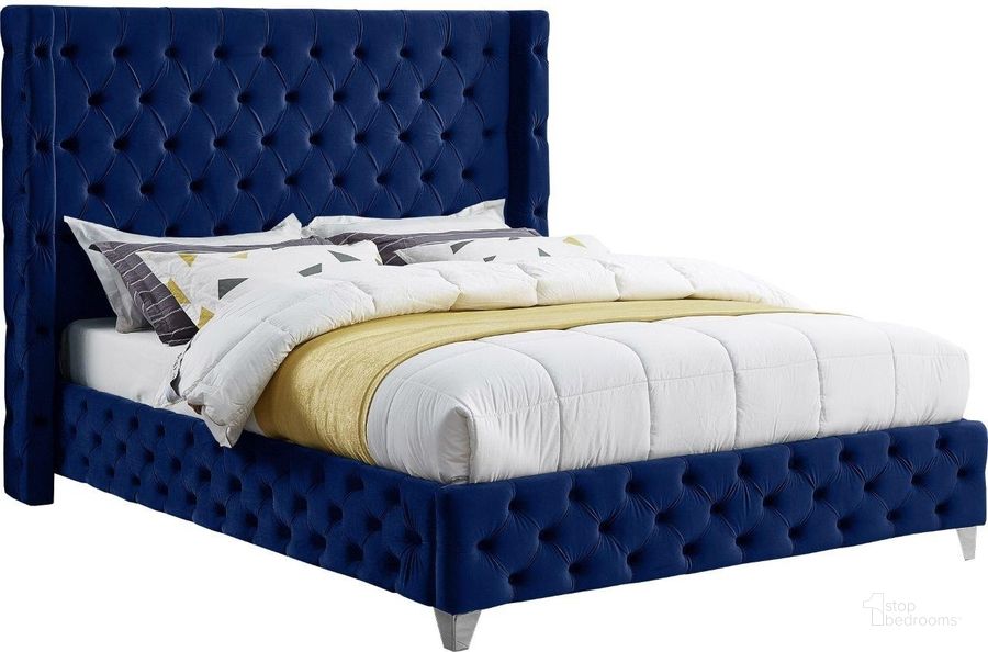 The appearance of Corsinette Navy Velvet King Bed designed by Furnique in the modern / contemporary interior design. This navy velvet piece of furniture  was selected by 1StopBedrooms from Corsinette Collection to add a touch of cosiness and style into your home. Sku: SavanNavy-K-1;SavanNavy-K-2. Product Type: Bed. Bed Size: King. Material: Velvet. Image1