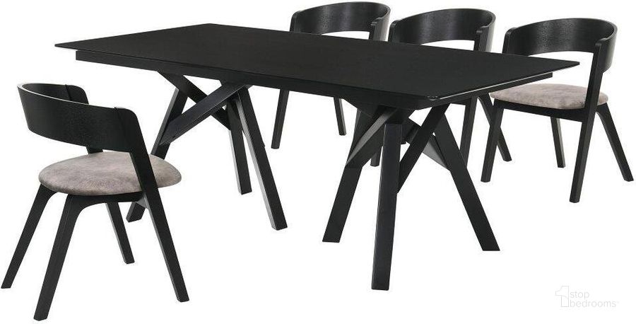 The appearance of Cortina And Jackie 5 Piece Black Rectangular Dining Set designed by Armen Living in the transitional interior design. This black piece of furniture  was selected by 1StopBedrooms from Cortina Collection to add a touch of cosiness and style into your home. Sku: LCCODIBLBX1;LCCODIBLBX2;LCJASIBRBL;LCJASIBRBL. Product Type: Dining Room Set. Material: Rubberwood. Image1