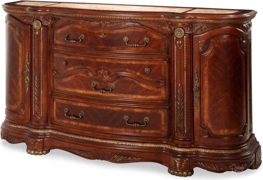 The appearance of Cortina Honey Walnut Dresser NF65050-28 designed by AICO in the traditional interior design. This honey walnut piece of furniture  was selected by 1StopBedrooms from Cortina Collection to add a touch of cosiness and style into your home. Sku: NF65050SA-28. Product Type: Dresser. Image1