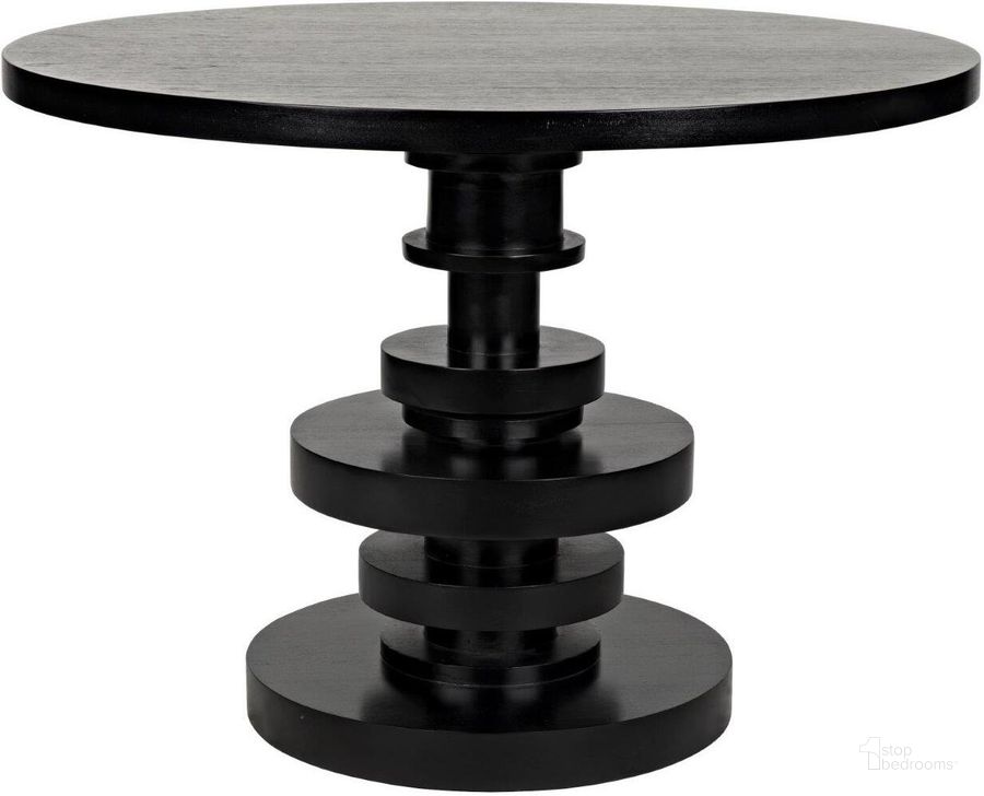 The appearance of Corum Round Tble In Hand Rubbed Black designed by Noir in the transitional interior design. This black piece of furniture  was selected by 1StopBedrooms from Corum Collection to add a touch of cosiness and style into your home. Sku: GTAB544HB. Table Base Style: Pedestal. Table Top Shape: Round. Product Type: Dining Table. Material: Wood Veneer. Size: 42.