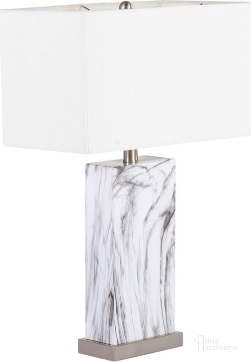 The appearance of Cory Contemporary Table Lamp In White Marble And Stainless Steel With White Linen Shade designed by Lumisource in the modern / contemporary interior design. This white piece of furniture  was selected by 1StopBedrooms from Cory Collection to add a touch of cosiness and style into your home. Sku: TB-CORY WMBSSW. Material: Fabric. Product Type: Table Lamp. Image1