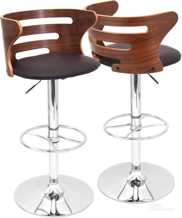 The appearance of Cosi Mid Century Modern Adjustable Barstool With Swivel In Chrome, Walnut And Brown Faux Leather Set Of 2 designed by Lumisource in the transitional interior design. This brown piece of furniture  was selected by 1StopBedrooms from Cosi Collection to add a touch of cosiness and style into your home. Sku: BS-COSI2-SWVWHL BN2. Material: Wood. Product Type: Barstool. Image1