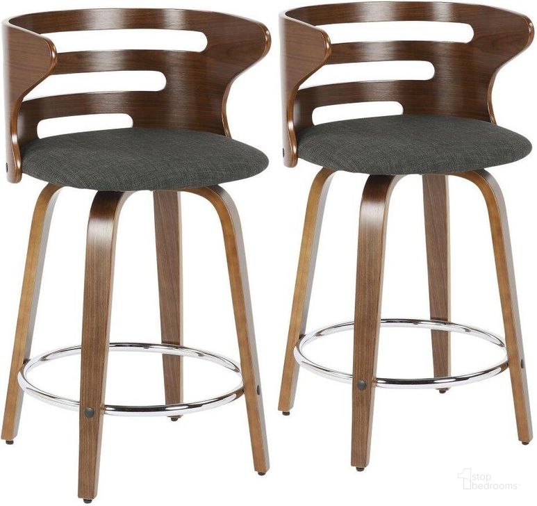 The appearance of Cosini 24 Inch Mid Century Modern Fixed Height Counter Stool With Swivel In Walnut, Charcoal Fabric And Chrome Footrest Set Of 2 designed by Lumisource in the transitional interior design. This charcoal piece of furniture  was selected by 1StopBedrooms from Cosi Collection to add a touch of cosiness and style into your home. Sku: B24-COSNI2-SWVR WLCHAR2. Material: Wood. Product Type: Barstool. Image1