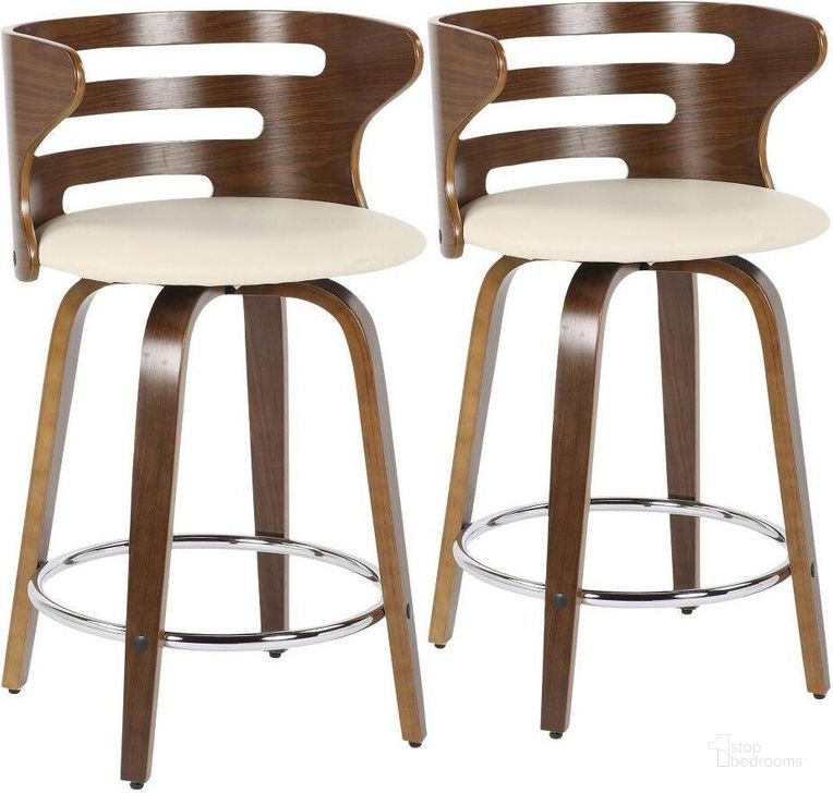 The appearance of Cosini Mid Century Modern Counter Stool With Swivel In Walnut And Cream Faux Leather Set Of 2 designed by Lumisource in the transitional interior design. This cream/brown piece of furniture  was selected by 1StopBedrooms from Cosi Collection to add a touch of cosiness and style into your home. Sku: B24-COSINI2-SWVR WLCR2. Material: Wood. Product Type: Barstool. Image1