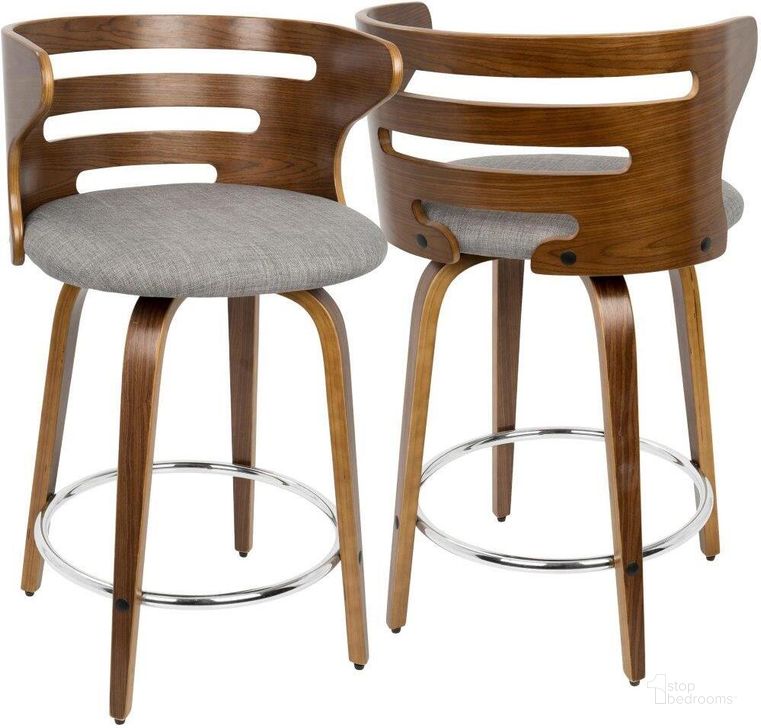 The appearance of Cosini Mid-Century Modern Counter Stool With Swivel In Walnut And Grey Fabric - Set Of 2 designed by Lumisource in the transitional interior design. This gray piece of furniture  was selected by 1StopBedrooms from Cosi Collection to add a touch of cosiness and style into your home. Sku: B24-COSNIR WLGY2. Material: Polyester. Product Type: Barstool. Image1