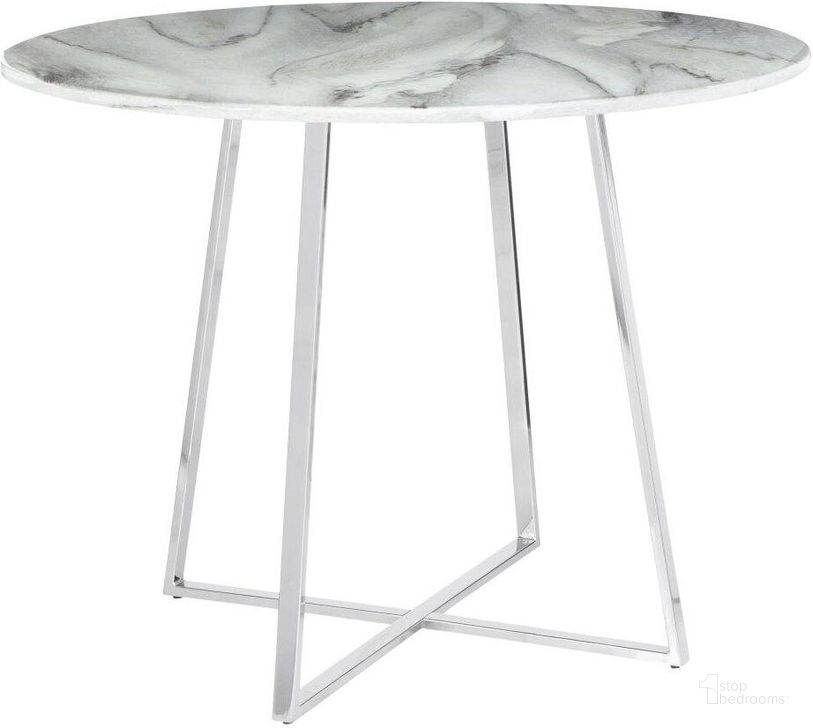 The appearance of Cosmo Contemporary/Glam Dining Table In Chrome And White Marble Top designed by Lumisource in the modern / contemporary interior design. This chrome piece of furniture  was selected by 1StopBedrooms from Cosmo Collection to add a touch of cosiness and style into your home. Sku: DT-COSMO2 WMB. Table Base Style: Trestle. Table Top Shape: Round. Material: Metal. Product Type: Dining Table. Size: 40". Image1