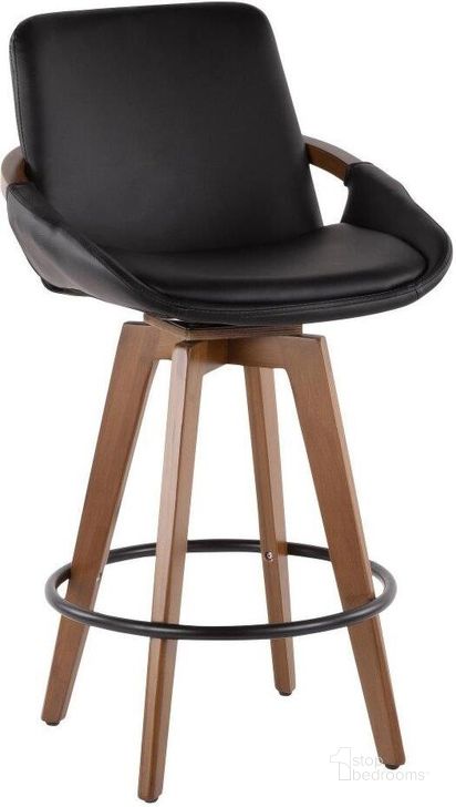 The appearance of Cosmo Mid-Century Counter Stool In Walnut And Black Faux Leather designed by Lumisource in the transitional interior design. This black piece of furniture  was selected by 1StopBedrooms from Cosmo Collection to add a touch of cosiness and style into your home. Sku: B26-COSMO WL+BK. Product Type: Barstool. Material: Bamboo. Image1