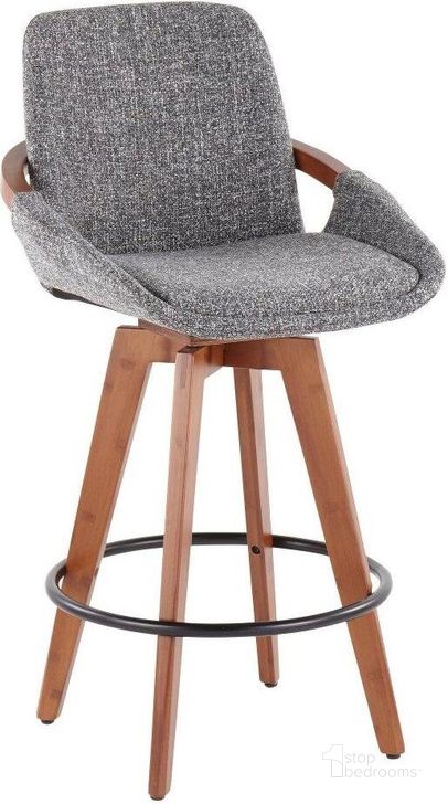 The appearance of Cosmo Mid-Century Counter Stool In Walnut And Grey Noise Fabric designed by Lumisource in the transitional interior design. This grey and walnut piece of furniture  was selected by 1StopBedrooms from Cosmo Collection to add a touch of cosiness and style into your home. Sku: B26-COSMO WLFGY. Product Type: Barstool. Material: Bamboo. Image1