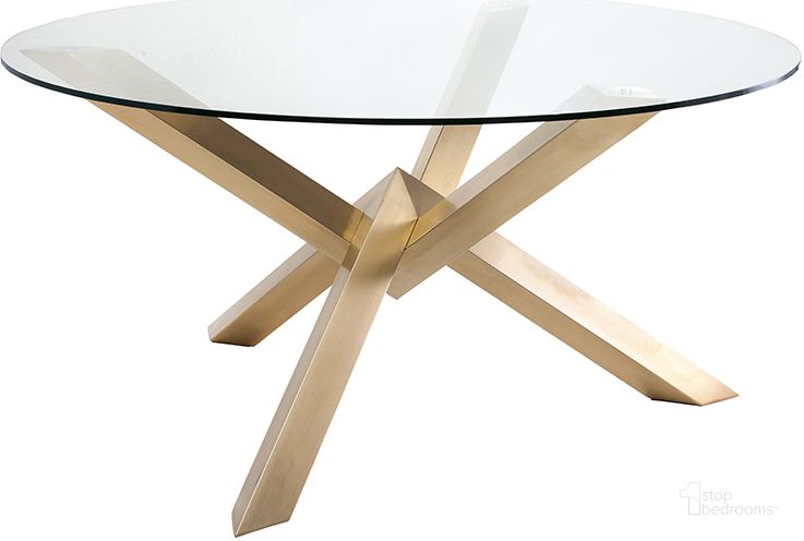 The appearance of Costa Gold Metal Dining Table HGTB271 designed by Nuevo in the modern / contemporary interior design. This gold piece of furniture  was selected by 1StopBedrooms from Costa Collection to add a touch of cosiness and style into your home. Sku: HGTB271. Table Base Style: Trestle. Table Top Shape: Round. Material: Metal. Product Type: Dining Table. Size: 59". Image1