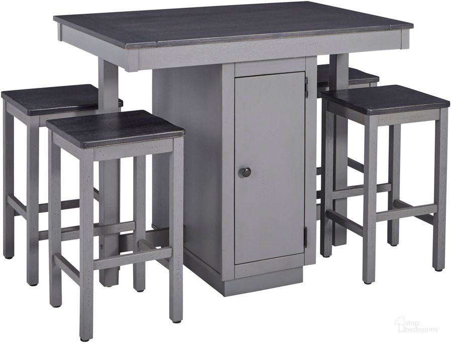 The appearance of Counter Table With 4 Stools In Gray designed by Progressive Furniture in the transitional interior design. This gray piece of furniture  was selected by 1StopBedrooms from  to add a touch of cosiness and style into your home. Sku: D894-95. Product Type: Counter Height Table. Material: Rubberwood. Size: 42". Image1