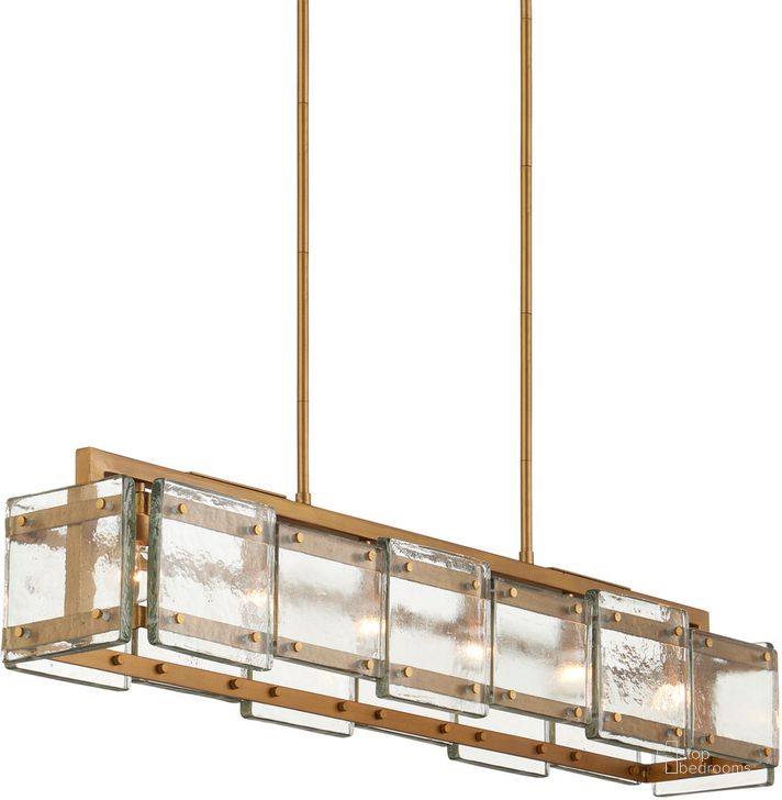 The appearance of Countervail Rectangular Chandelier In Antique Brass designed by Currey & Company in the modern / contemporary interior design. This antique brass piece of furniture  was selected by 1StopBedrooms from  to add a touch of cosiness and style into your home. Sku: 9000-1165. Material: Glass. Product Type: Chandelier. Image1