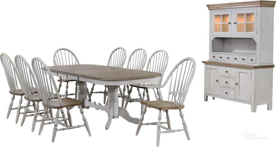 The appearance of Country Grove Distressed Gray and Brown Wood 10 Piece Double Pedestal Extendable Dining Table Set designed by Sunset Trading in the modern / contemporary interior design. This distressed light gray and medium walnut piece of furniture  was selected by 1StopBedrooms from Country Grove Collection to add a touch of cosiness and style into your home. Sku: DLU-CG-TTB-4296-GO-T;DLU-CG-TTB-4296-GO-B;DLU-CG-C30-GO-2;DLU-CG-C30-GO-2;DLU-CG-C30-GO-2;DLU-CG-C30-GO-A;DLU-CG-C30-GO-A;DLU-CG-BUF-GO;DLU-CG-HUT-GO. Material: Wood. Product Type: Dining Room Set. Image1