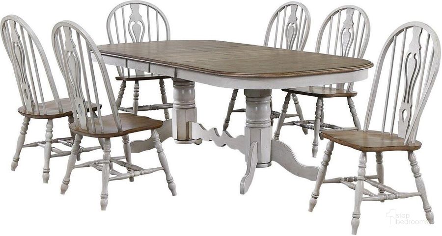 The appearance of Country Grove Distressed Gray and Brown Wood 7 Piece Double Pedestal Extendable Dining Table Set designed by Sunset Trading in the modern / contemporary interior design. This distressed light gray and medium walnut piece of furniture  was selected by 1StopBedrooms from Country Grove Collection to add a touch of cosiness and style into your home. Sku: DLU-CG-TTB-4296-GO-T;DLU-CG-TTB-4296-GO-B;DLU-CG-124-S-GO-2;DLU-CG-124-S-GO-2;DLU-CG-124-S-GO-2. Material: Wood. Product Type: Dining Room Set. Image1