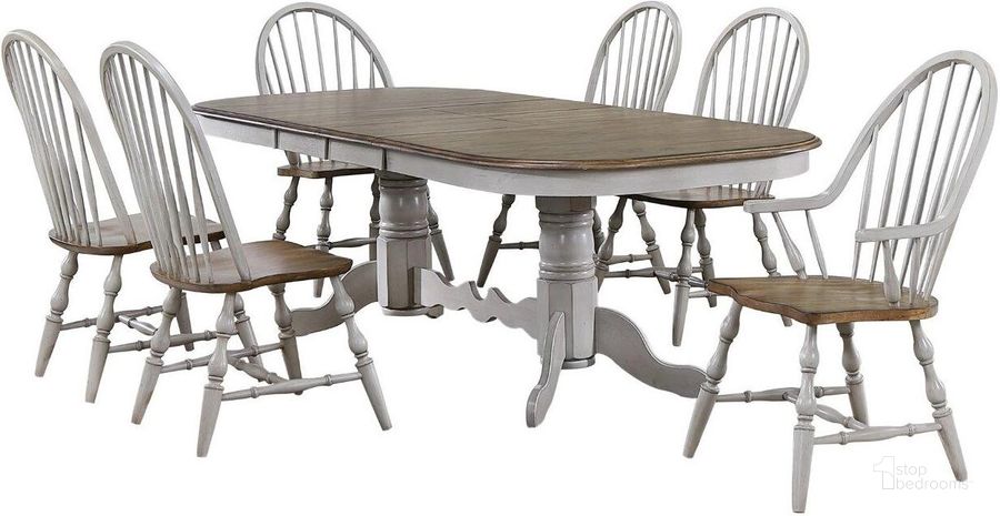 The appearance of Country Grove Distressed Gray and Brown Wood 7 Piece Double Pedestal Extendable Dining Table Set designed by Sunset Trading in the modern / contemporary interior design. This distressed light gray and medium walnut piece of furniture  was selected by 1StopBedrooms from Country Grove Collection to add a touch of cosiness and style into your home. Sku: DLU-CG-TTB-4296-GO-T;DLU-CG-TTB-4296-GO-B;DLU-CG-C30-GO-2;DLU-CG-C30-GO-2;DLU-CG-C30-GO-A;DLU-CG-C30-GO-A. Material: Wood. Product Type: Dining Room Set. Image1