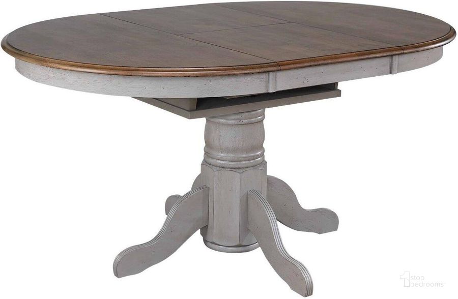 The appearance of Country Grove Distressed Gray and Brown Wood Round or Oval Extendable Dining Table designed by Sunset Trading in the modern / contemporary interior design. This distressed light gray and medium walnut piece of furniture  was selected by 1StopBedrooms from Country Grove Collection to add a touch of cosiness and style into your home. Sku: DLU-CG-TP-4260-GO-T;DLU-CG-TP-4260-GO-B. Table Base Style: Pedestal. Table Top Shape: Oval. Material: Wood. Product Type: Dining Table. Size: 60". Image1