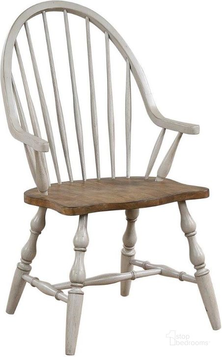 The appearance of Country Grove Distressed Gray and Brown Wood Windsor Dining Chair with Arms designed by Sunset Trading in the modern / contemporary interior design. This distressed light gray and medium walnut piece of furniture  was selected by 1StopBedrooms from Country Grove Collection to add a touch of cosiness and style into your home. Sku: DLU-CG-C30A-GO. Material: Wood. Product Type: Dining Chair. Image1