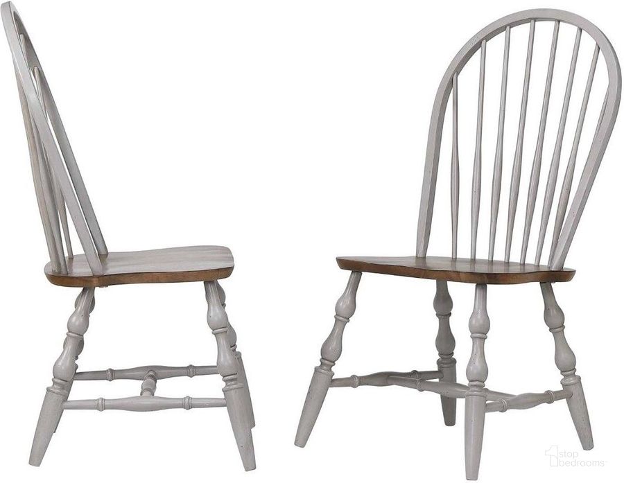 The appearance of Country Grove Windsor Dining Chair Set of 2 designed by Sunset Trading in the modern / contemporary interior design. This distressed light gray and medium walnut piece of furniture  was selected by 1StopBedrooms from Country Grove Collection to add a touch of cosiness and style into your home. Sku: DLU-CG-C30-GO-2. Material: Wood. Product Type: Dining Chair. Image1