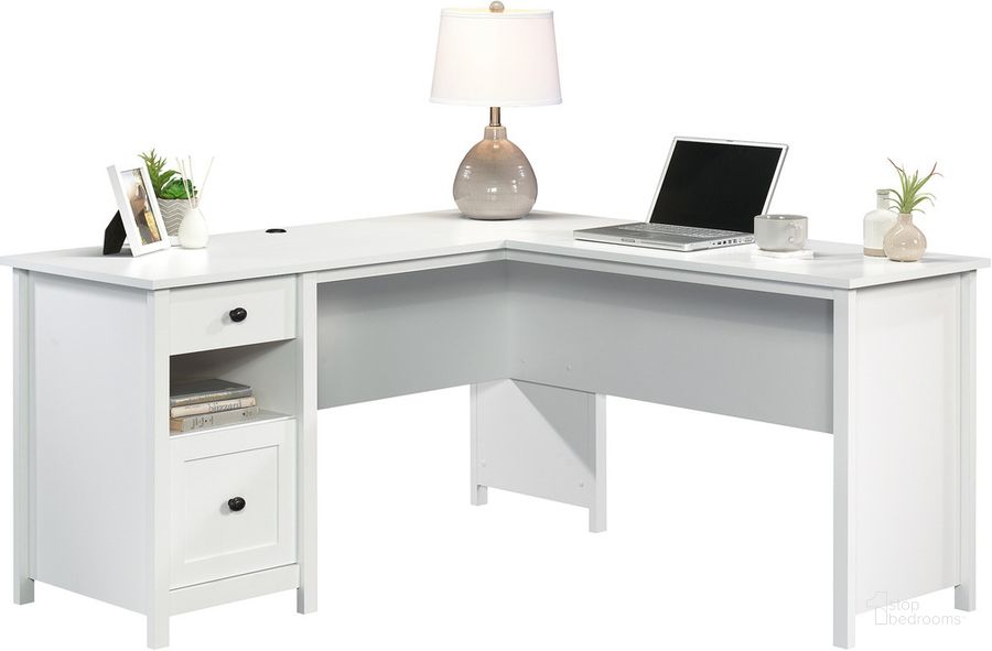 The appearance of County Line L-Shaped Desk In Soft White designed by Sauder in the country / farmhouse interior design. This soft white piece of furniture  was selected by 1StopBedrooms from County Line Collection to add a touch of cosiness and style into your home. Sku: 427718. Product Type: Desk. Material: Engineered Wood. Image1
