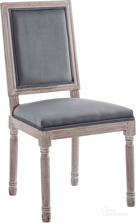The appearance of Court French Vintage Performance Velvet Dining Side Chair EEI-4662-NAT-GRY designed by Modway in the modern / contemporary interior design. This natural gray piece of furniture  was selected by 1StopBedrooms from Court Collection to add a touch of cosiness and style into your home. Sku: EEI-4662-NAT-GRY. Product Type: Dining Chair. Material: Rubberwood. Image1
