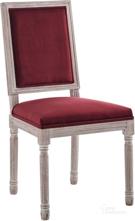 The appearance of Court French Vintage Performance Velvet Dining Side Chair EEI-4662-NAT-MAR designed by Modway in the modern / contemporary interior design. This natural maroon piece of furniture  was selected by 1StopBedrooms from Court Collection to add a touch of cosiness and style into your home. Sku: EEI-4662-NAT-MAR. Product Type: Dining Chair. Material: Rubberwood. Image1