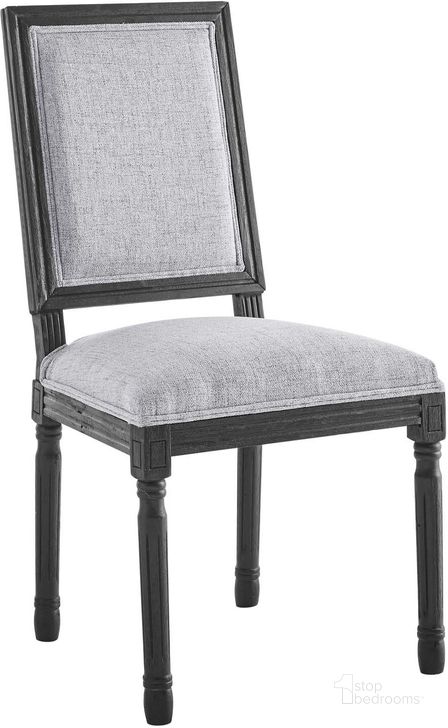 The appearance of Court French Vintage Upholstered Fabric Dining Side Chair EEI-4661-BLK-LGR designed by Modway in the modern / contemporary interior design. This black light gray piece of furniture  was selected by 1StopBedrooms from Court Collection to add a touch of cosiness and style into your home. Sku: EEI-4661-BLK-LGR. Product Type: Dining Chair. Material: Rubberwood. Image1