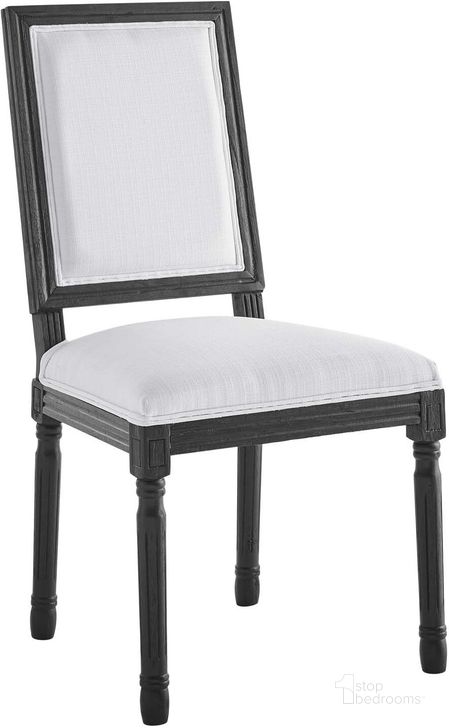 The appearance of Court French Vintage Upholstered Fabric Dining Side Chair EEI-4661-BLK-WHI designed by Modway in the modern / contemporary interior design. This black white piece of furniture  was selected by 1StopBedrooms from Court Collection to add a touch of cosiness and style into your home. Sku: EEI-4661-BLK-WHI. Product Type: Dining Chair. Material: Rubberwood. Image1