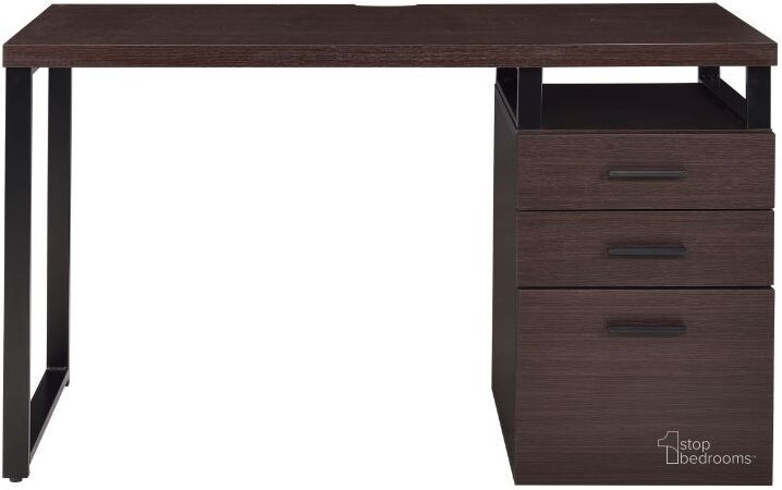 The appearance of Coy Dark Oak Desk designed by ACME in the modern / contemporary interior design. This brown piece of furniture  was selected by 1StopBedrooms from Coy Collection to add a touch of cosiness and style into your home. Sku: 92388TOP;92389CAB. Material: Metal. Product Type: Writing Desk. Image1