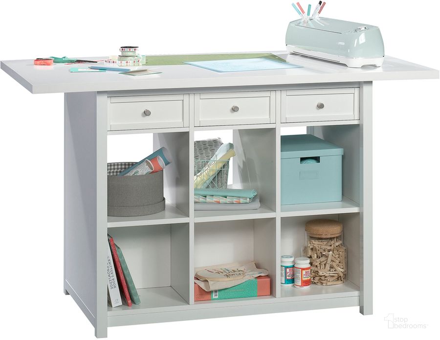 The appearance of Craft Pro Series Work Table In White designed by Sauder in the transitional interior design. This white piece of furniture  was selected by 1StopBedrooms from Craft Pro Series Collection to add a touch of cosiness and style into your home. Sku: 421420. Product Type: Office Desk. Material: Engineered Wood. Image1