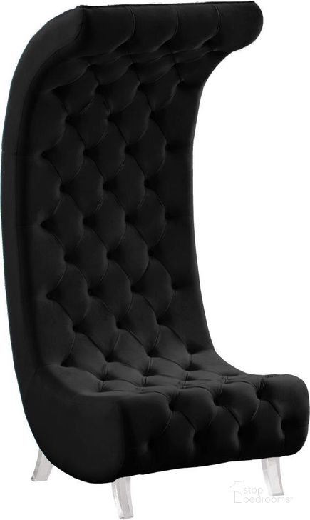 The appearance of Crescent Black Velvet Accent Chair designed by Meridian in the modern / contemporary interior design. This black velvet piece of furniture  was selected by 1StopBedrooms from Crescent Collection to add a touch of cosiness and style into your home. Sku: 568Black-C. Material: Wood. Product Type: Accent Chair. Image1
