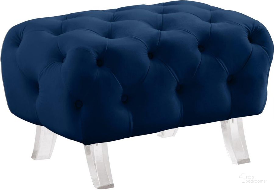 The appearance of Crescent Navy Velvet Ottoman designed by Meridian in the modern / contemporary interior design. This navy velvet piece of furniture  was selected by 1StopBedrooms from Crescent Collection to add a touch of cosiness and style into your home. Sku: 568Navy-Ott. Material: Wood. Product Type: Ottoman. Image1