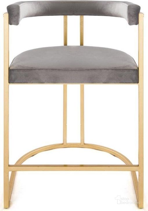The appearance of Cromwell Grey Velvet And Gold Leaf Barrel Back Counter Height Stool designed by Worlds Away in the modern / contemporary interior design. This gray piece of furniture  was selected by 1StopBedrooms from Cromwell Collection to add a touch of cosiness and style into your home. Sku: CROMWELL GGRY. Material: Metal. Product Type: Barstool.