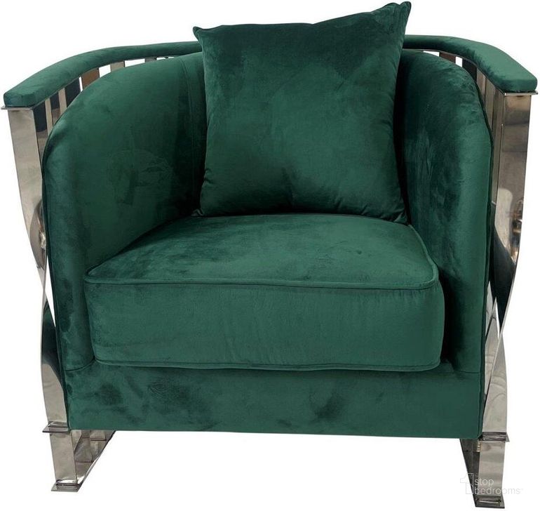 The appearance of Cronos Green Velvet Chair designed by Artisan Elegance in the modern / contemporary interior design. This green velvet piece of furniture  was selected by 1StopBedrooms from Cronos Collection to add a touch of cosiness and style into your home. Sku: ACSGNSS006. Product Type: Sofa Chair. Material: Stainless Steel. Image1