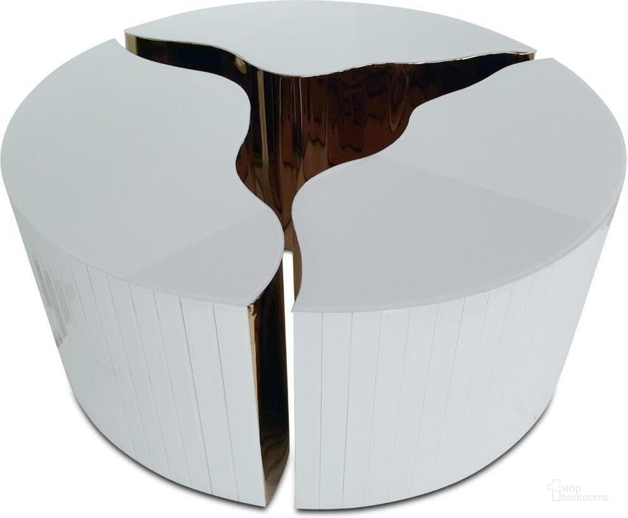 The appearance of Cronos White and Gold Coffee Table Set Coffee and Cocktail Table designed by Artisan Elegance in the modern / contemporary interior design. This white and gold piece of furniture  was selected by 1StopBedrooms from Cronos Collection to add a touch of cosiness and style into your home. Sku: CTC001WG. Product Type: Coffee Table Set. Material: MDF. Image1