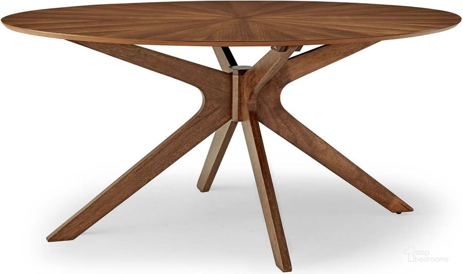 The appearance of Crossroads Walnut 63 Inch Oval Wood Dining Table EEI-3848-WAL designed by Modway in the modern / contemporary interior design. This walnut piece of furniture  was selected by 1StopBedrooms from Crossroads Collection to add a touch of cosiness and style into your home. Sku: EEI-3848-WAL. Table Base Style: Trestle. Table Top Shape: Oval. Material: Wood. Product Type: Dining Table. Size: 63". Image1