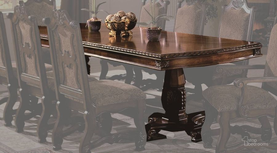 The appearance of Crown Mark Neo Renaissance Double Pedestal Dining Table in Warm Brown 2400TL designed by Crown Mark in the traditional interior design. This brown piece of furniture  was selected by 1StopBedrooms from Neo Renaissance Collection to add a touch of cosiness and style into your home. Sku: 2400-TOP;2400-LEG. Material: Wood. Product Type: Pedestal Table. Table Top Shape: Rectangular.