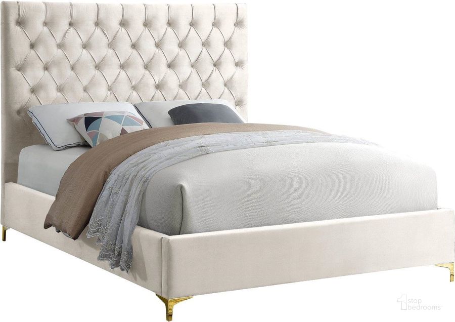 The appearance of Cruz Cream Velvet Queen Bed designed by Meridian in the modern / contemporary interior design. This cream velvet piece of furniture  was selected by 1StopBedrooms from Cruz Collection to add a touch of cosiness and style into your home. Sku: CruzCream-Q-1;CruzCream-Q-2. Bed Type: Platform Bed. Product Type: Platform Bed. Bed Size: Queen. Material: Velvet. Image1