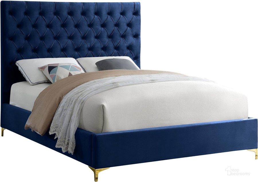 The appearance of Cruz Navy Velvet King Bed designed by Meridian in the modern / contemporary interior design. This navy velvet piece of furniture  was selected by 1StopBedrooms from Cruz Collection to add a touch of cosiness and style into your home. Sku: CruzNavy-K-1;CruzNavy-K-2. Bed Type: Platform Bed. Product Type: Platform Bed. Bed Size: King. Material: Velvet. Image1