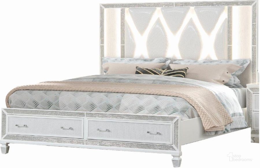 The appearance of Crystal King Storage Bed Made With Wood Finished In White designed by Galaxy Home Furnishings in the modern / contemporary interior design. This white piece of furniture  was selected by 1StopBedrooms from Crystal Collection to add a touch of cosiness and style into your home. Sku: 698781053690. Bed Type: Storage Bed. Material: Wood. Product Type: Storage Bed. Bed Size: King. Image1