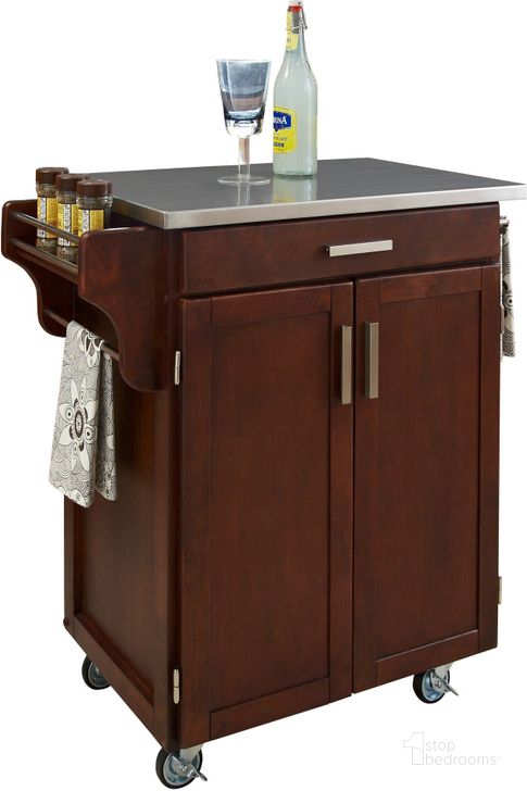 The appearance of Cuisine Cart Brown Kitchen Cart 9001-0072 designed by Homestyles in the traditional interior design. This dark brown piece of furniture  was selected by 1StopBedrooms from Cuisine Cart Collection to add a touch of cosiness and style into your home. Sku: 9001-102;9001-007. Material: Wood. Product Type: Kitchen Cart. Image1